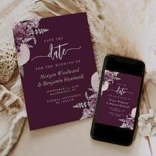 Mauve Silver Floral Wedding Save the Date Invitation