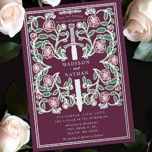 Mauve Silver Royal Sword Medieval Fantasy Wedding Foil Invitation