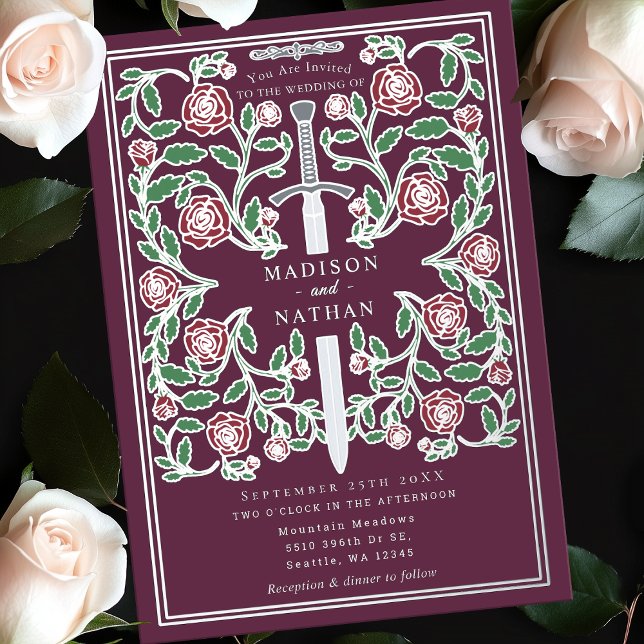 Mauve Silver Royal Sword Medieval Fantasy Wedding  Foil Invitation (Creator Uploaded)