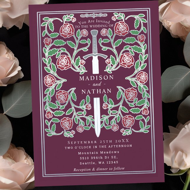 Mauve Silver Sword Floral Medieval Fantasy Wedding Invitation (Creator Uploaded)