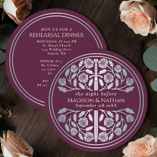 Mauve Silver Sword Royal Wedding Rehearsal Invitation