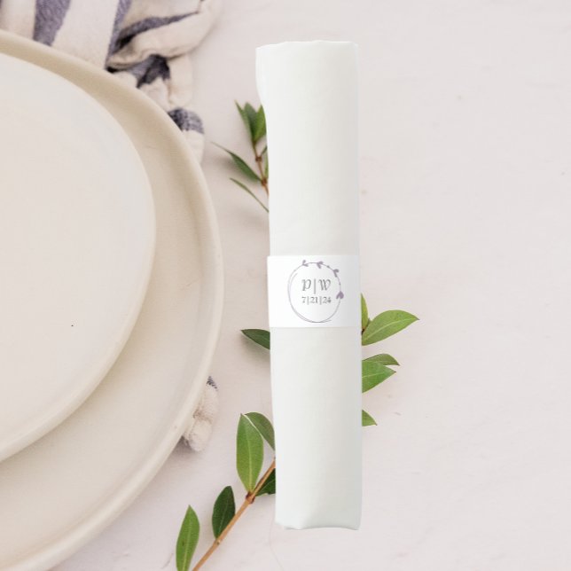 Mauve Simple Heart Wreath Monogram Wedding Napkin Bands (In Situ Table Setting)