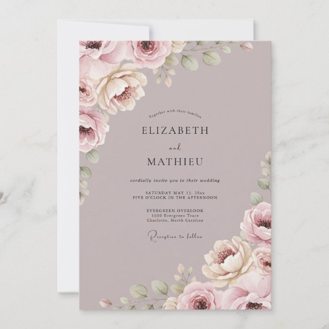 Mauve Soft Floral Romance Wedding Invitation (Front)