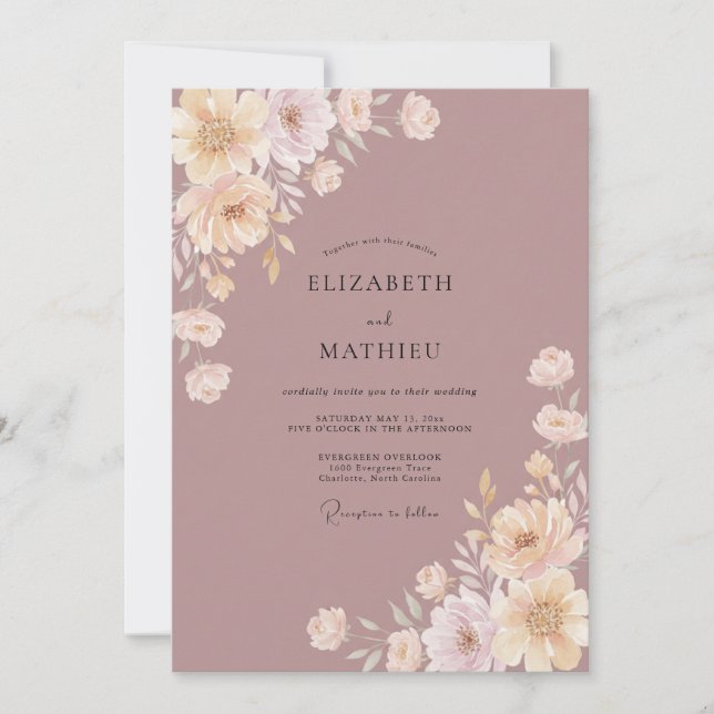 Mauve Soft Floral Romantic Wedding Invitation (Front)