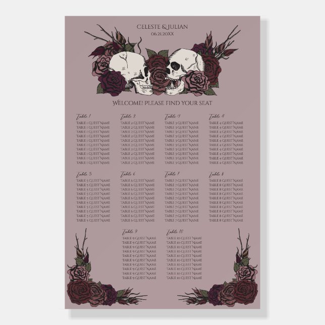 Mauve Soft Gothic Skull Seating Chart Sign (Front)