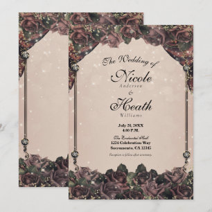 Mauve Spice Roses Glitter Sparkle Fall Wedding Invitation