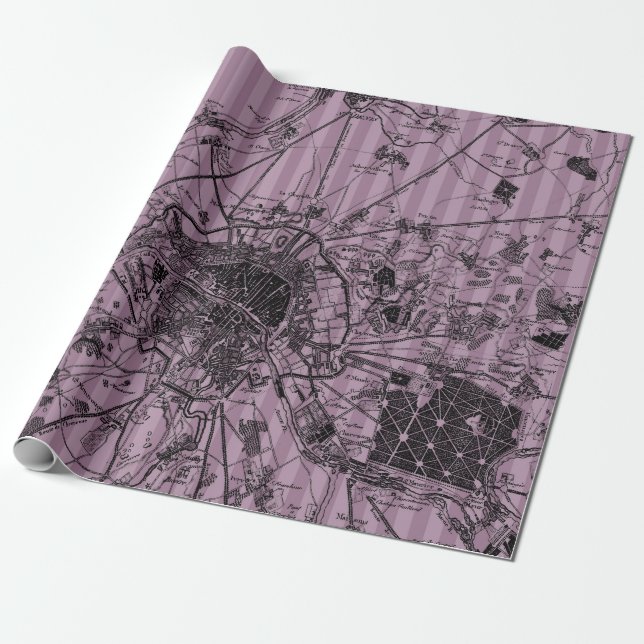 Mauve Striped Antique Map Wrapping Paper (Unrolled)