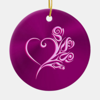 Mauve Stylized Heart and Roses, embossed-effect Ceramic Ornament