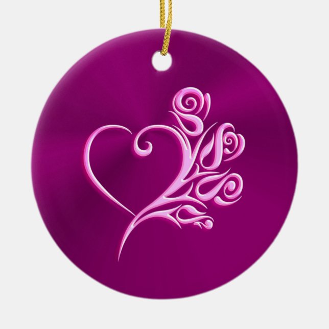 Mauve Stylized Heart and Roses, embossed-effect Ceramic Ornament (Front)