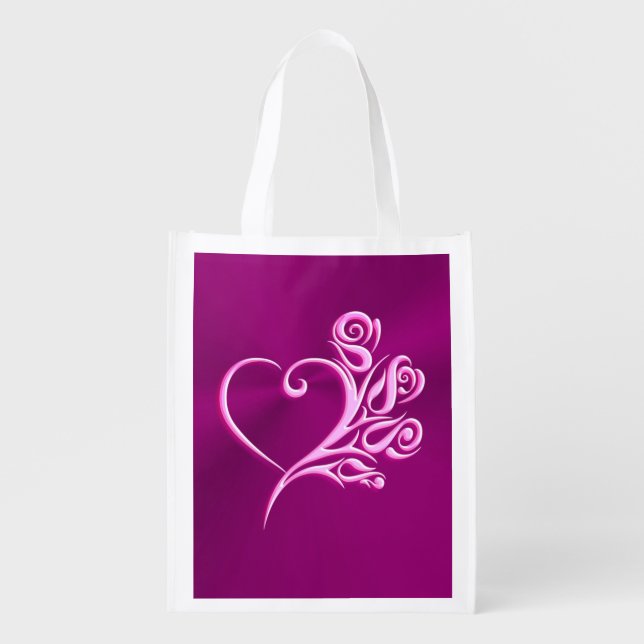 Mauve Stylized Heart and Roses, embossed-effect Grocery Bag (Front)