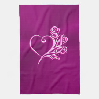 Mauve Stylized Heart and Roses, embossed-effect Kitchen Towel