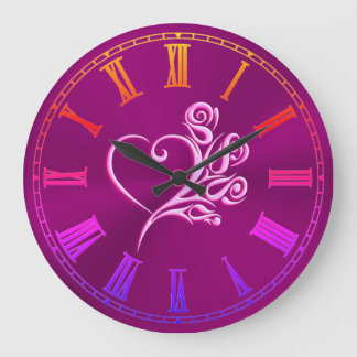 Mauve Stylized Heart and Roses, embossed-effect Large Clock