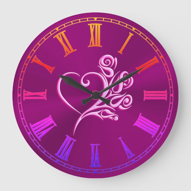 Mauve Stylized Heart and Roses, embossed-effect Large Clock (Front)
