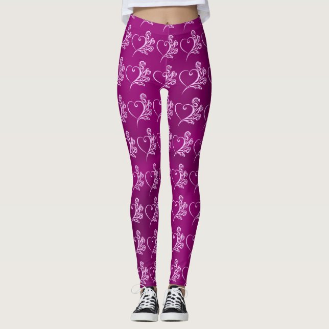 Mauve Stylized Heart and Roses, embossed-effect Leggings (Front)