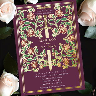 Mauve Sword Floral Medieval Fantasy Wedding  Foil Invitation