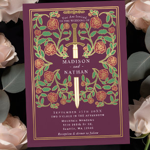 Mauve Sword Floral Medieval Fantasy Wedding Invitation