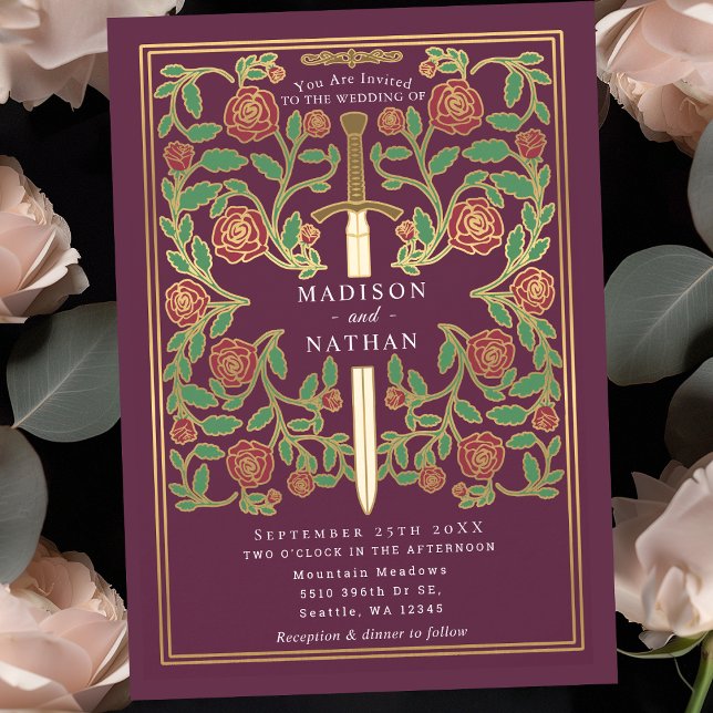 Mauve Sword Floral Medieval Fantasy Wedding  Invitation (Creator Uploaded)