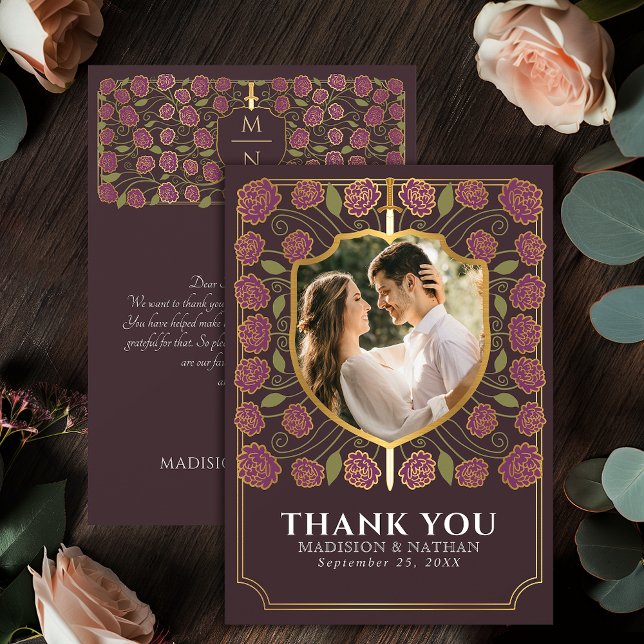 Mauve Sword & Shield Medieval Fantasy Wedding Thank You Card (Creator Uploaded)