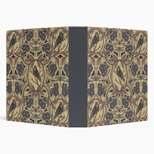 Mauve, Tan & Gray Crow & Dragonfly Floral 3 Ring Binder (Background)