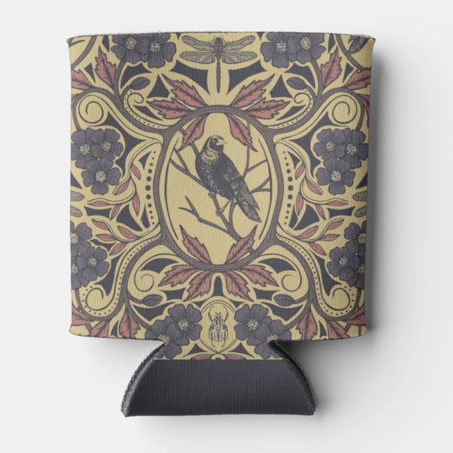 Mauve, Tan & Gray Crow & Dragonfly Floral Can Cooler (Front)