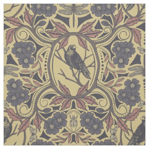 Mauve, Tan & Gray Crow & Dragonfly Floral Fabric