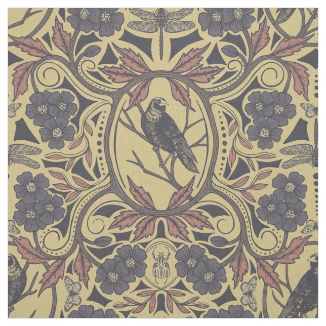 Mauve, Tan & Gray Crow & Dragonfly Floral Fabric (Swatch)