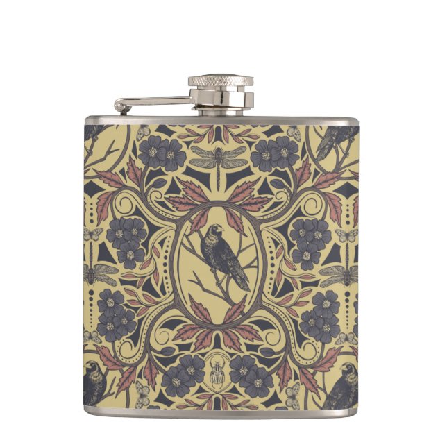 Mauve, Tan & Gray Crow & Dragonfly Floral Flask (Front)