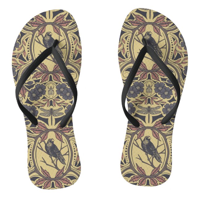 Mauve, Tan & Gray Crow & Dragonfly Floral Flip Flops (Footbed)