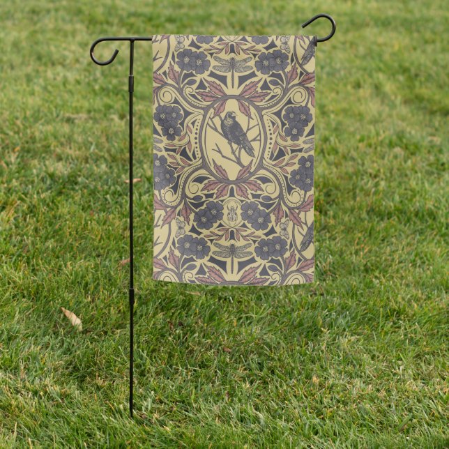 Mauve, Tan & Gray Crow & Dragonfly Floral Garden Flag (In SItu)