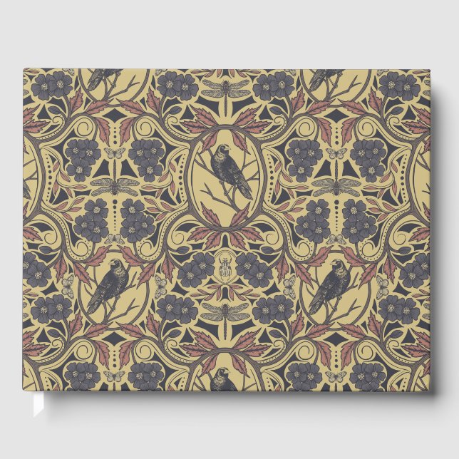 Mauve, Tan & Gray Crow & Dragonfly Floral Guest Book (Front)