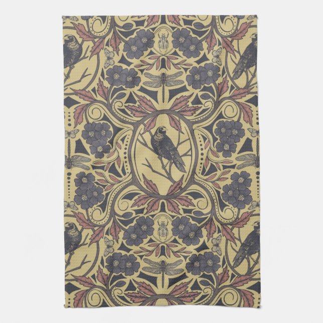 Mauve, Tan & Gray Crow & Dragonfly Floral Kitchen Towel (Vertical)