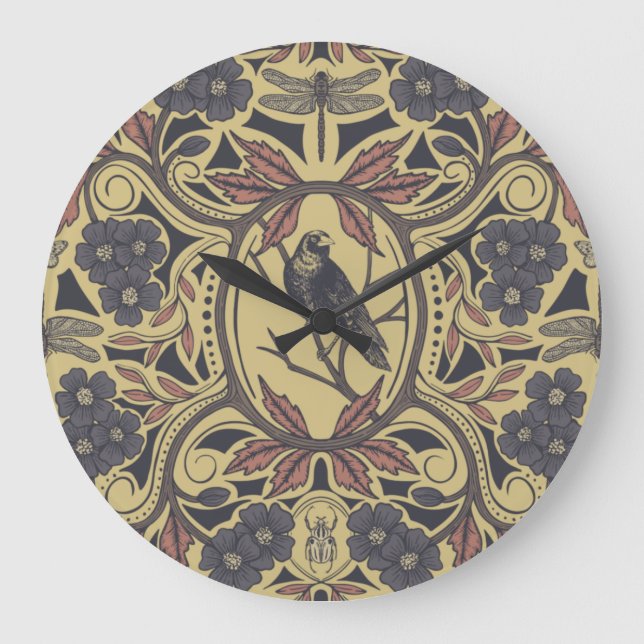 Mauve, Tan & Gray Crow & Dragonfly Floral Large Clock (Front)