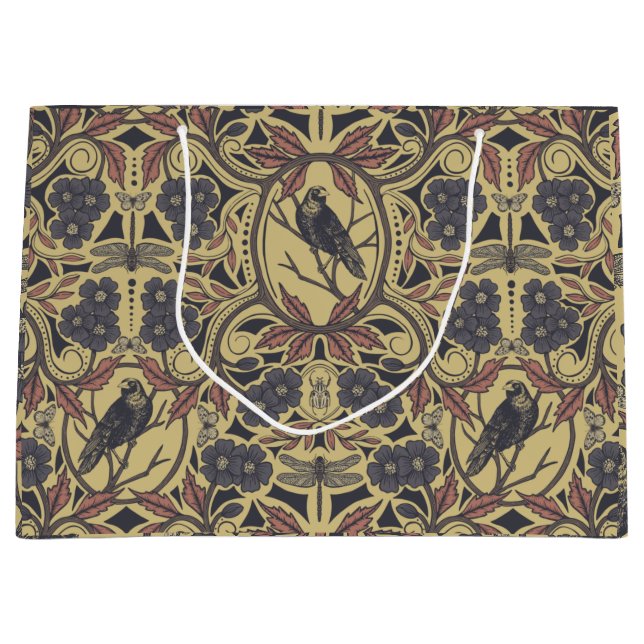 Mauve, Tan & Gray Crow & Dragonfly Floral Large Gift Bag (Front)