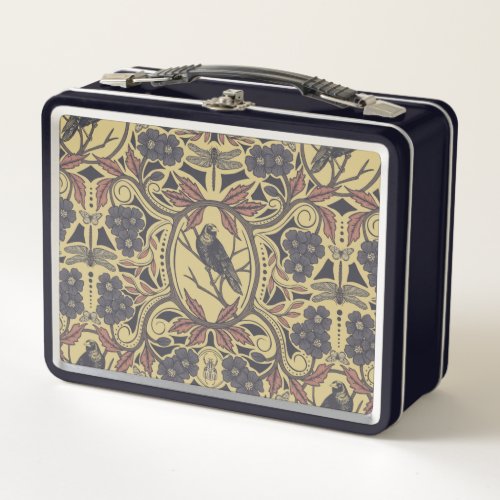 Mauve Tan  Gray Crow  Dragonfly Floral Metal Lunch Box