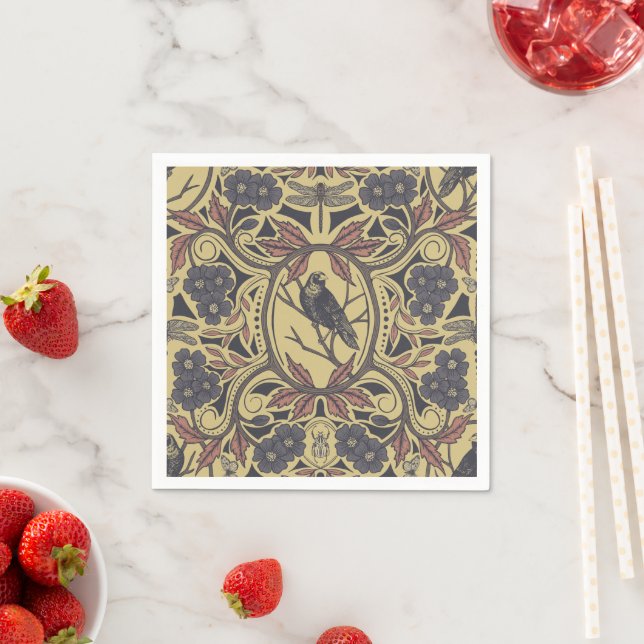 Mauve, Tan & Gray Crow & Dragonfly Floral Napkins (Insitu)