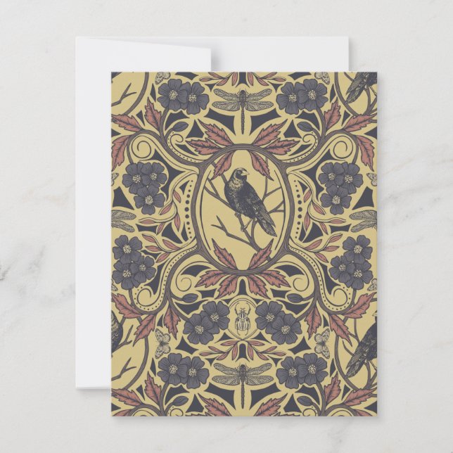Mauve, Tan & Gray Crow & Dragonfly Floral Note Card (Front)