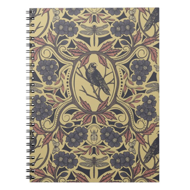Mauve, Tan & Gray Crow & Dragonfly Floral Notebook (Front)