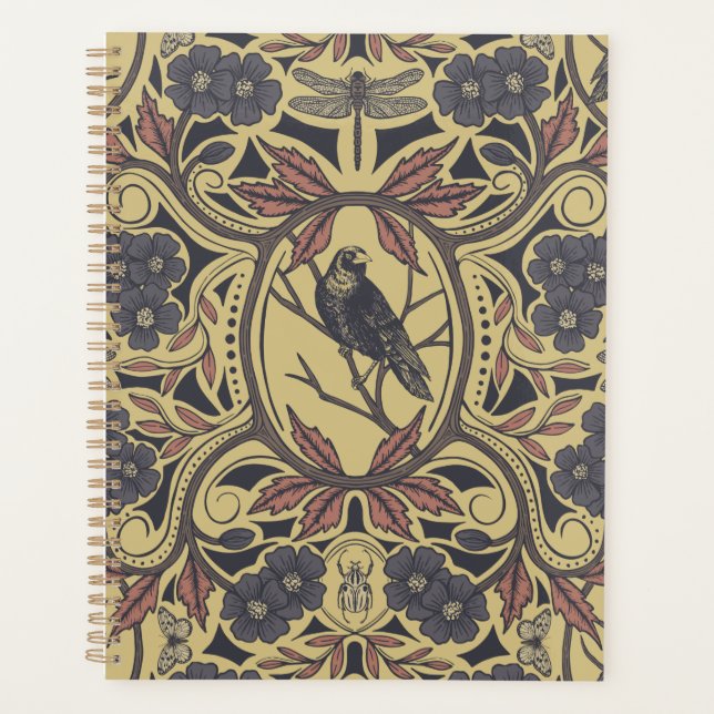 Mauve, Tan & Gray Crow & Dragonfly Floral Planner (Front)