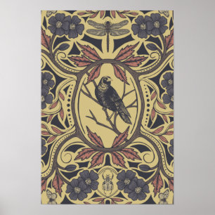 Mauve, Tan & Gray Crow & Dragonfly Floral Poster