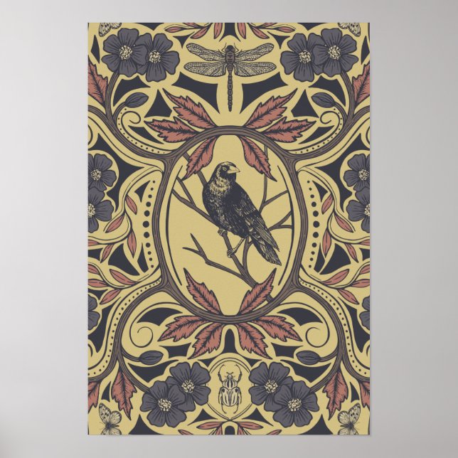 Mauve, Tan & Gray Crow & Dragonfly Floral Poster (Front)
