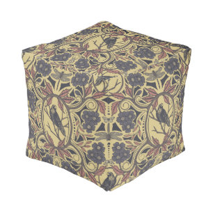 Mauve, Tan & Gray Crow & Dragonfly Floral Pouf