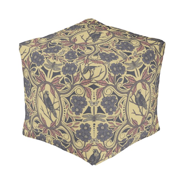 Mauve, Tan & Gray Crow & Dragonfly Floral Pouf (Angled Front)