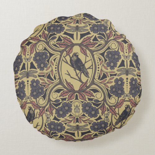 Mauve Tan  Gray Crow  Dragonfly Floral Round Pillow