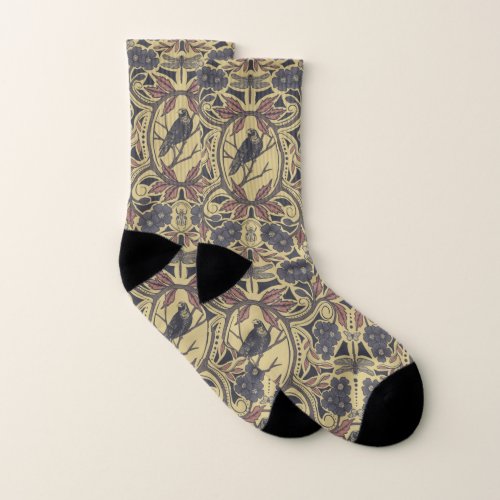 Mauve Tan  Gray Crow  Dragonfly Floral Socks