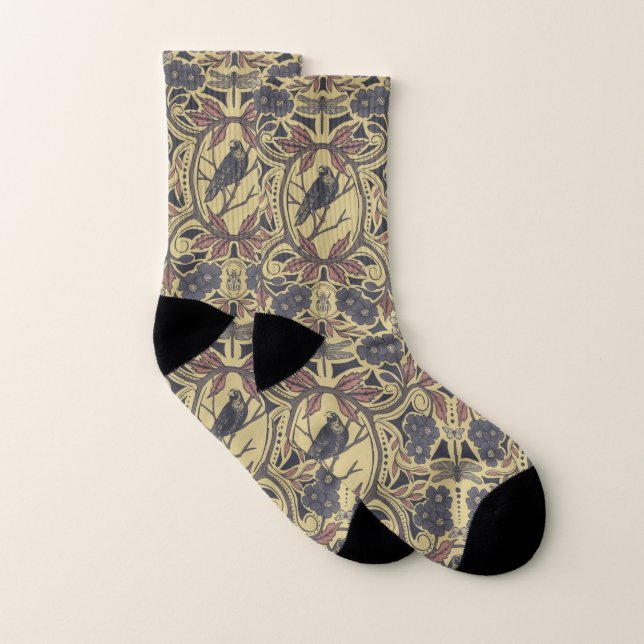 Mauve, Tan & Gray Crow & Dragonfly Floral Socks (Pair)