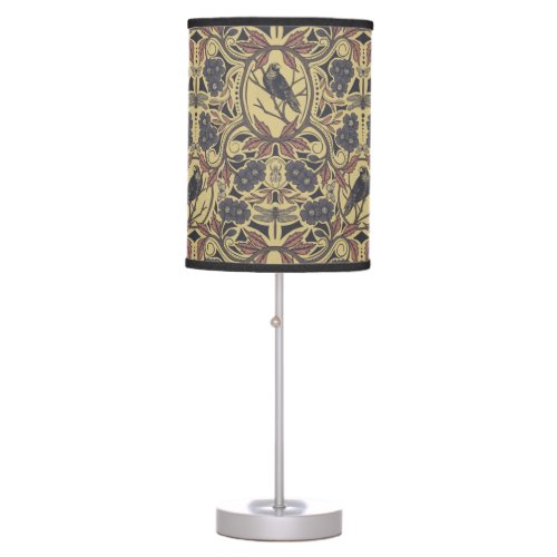 Mauve Tan  Gray Crow  Dragonfly Floral Table Lamp