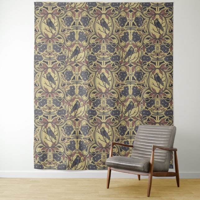 Mauve, Tan & Gray Crow & Dragonfly Floral Tapestry (In Situ)