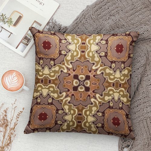 Mauve Taupe Ochre Tan Brown Bohemian Bali Art Throw Pillow