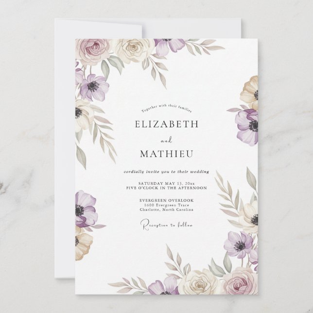 Mauve Taupe Ranunculus Eucalyptus Wedding Invitation (Front)