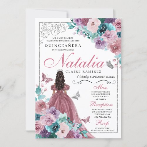 Mauve  Teal Ocean Sunset Princess Quinceanera Invitation